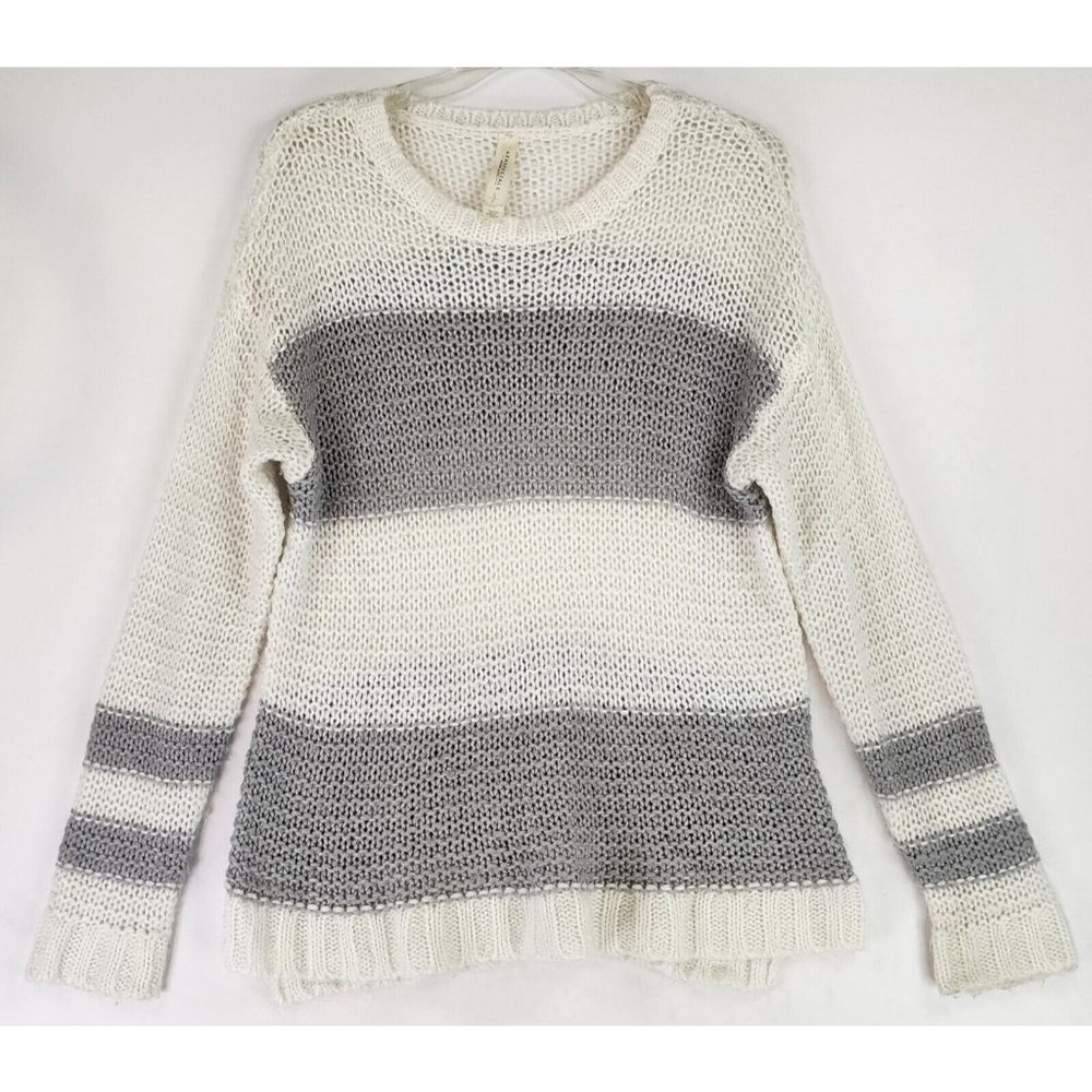 Aeropostale Sweater Womens Small Gray White Striped Casual Preppy Open Knit Top - Picture 1 of 10